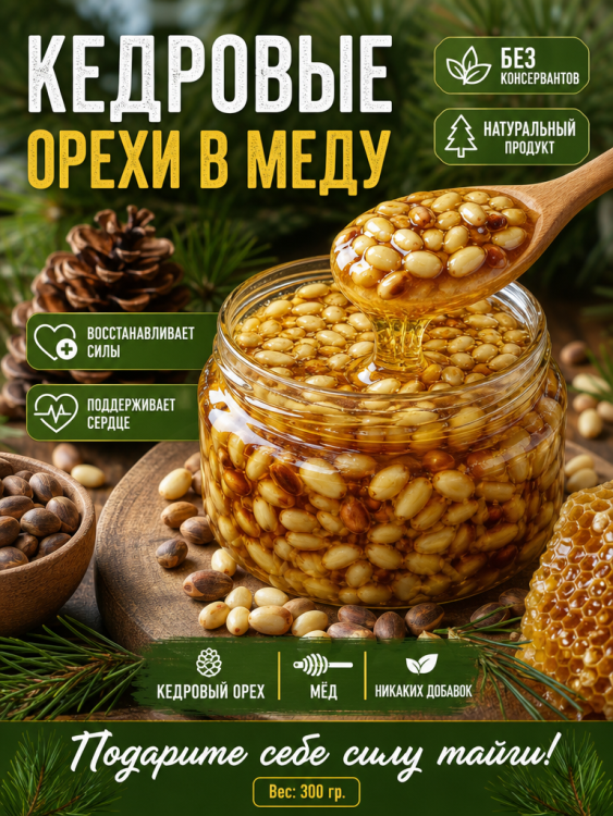 Мёд натуральный Акациевый Алтайский с Кедровыми орехами без сахара и ГМО